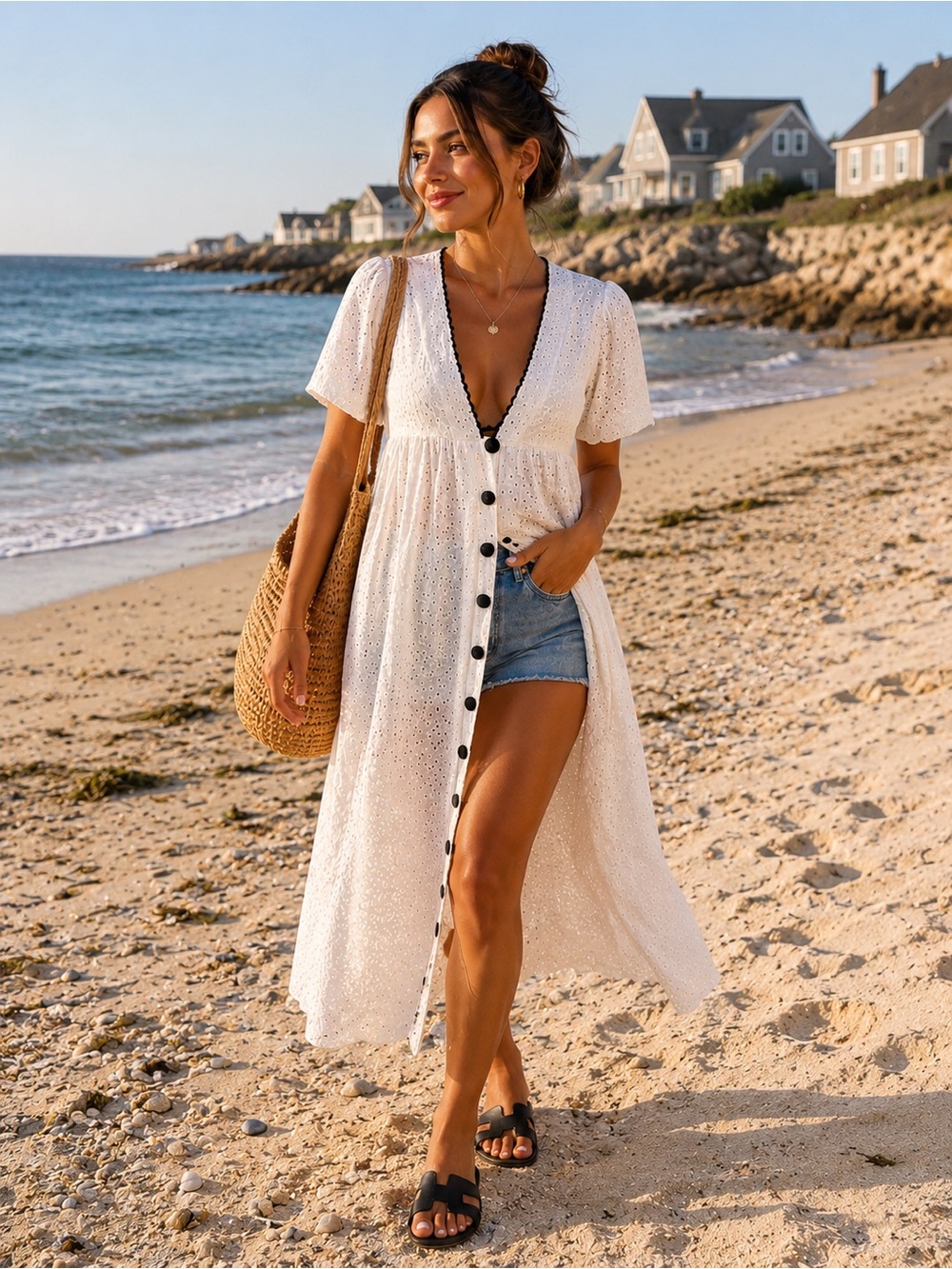 Urban Outfitters White Eyelet Midi Dress with Black Trim